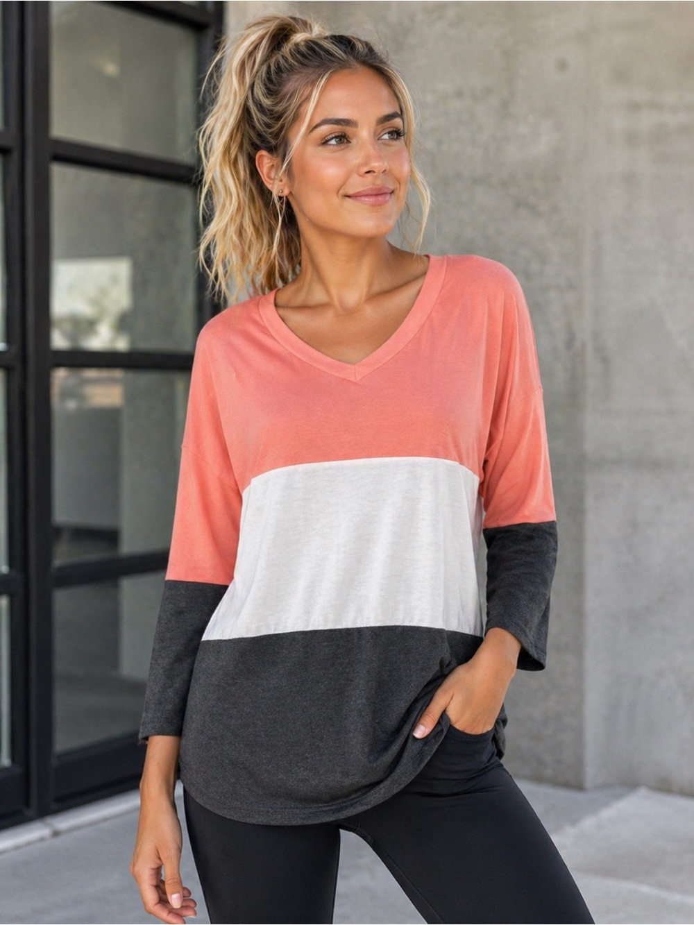 MissLook Colorblock Top Size Large V Neck 3/4 Sleeve